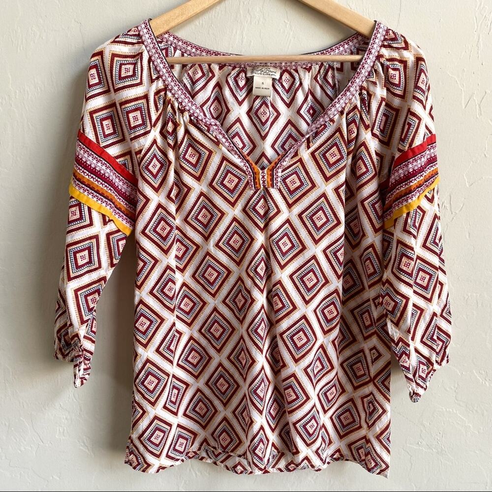 Lucky Brand White Red Boho Print 3/4 Sleeve‎ Top